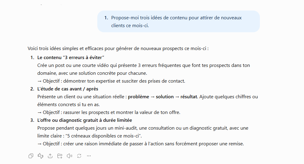 Extrait de la réponse de ChatGPT sans fiche&nbsp;: trois idées de contenu génériques, valables pour n'importe quel métier.